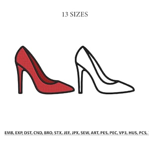 Puede incluir: Se muestran dos zapatos de tacón alto. Uno es rojo con contorno negro, y el otro es un contorno negro. El texto "13 SIZES" está encima de los zapatos. Debajo, abreviaturas de formatos de archivo.