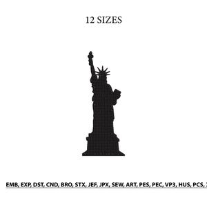 Könnte beinhalten: Eine schwarze Silhouette der Freiheitsstatue, zentriert auf weißem Hintergrund. Der Text 12 SIZES erscheint über der Figur und der Text EMB, EXP, DST, CND, BRO, STX, JEF, JPX, SEW, ART, PES, PEC, VP3, HUS, PCS, XXX erscheint darunter.