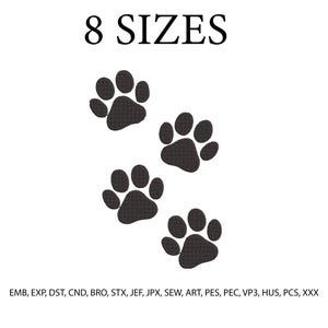Könnte beinhalten: Vier dunkelgraue Pfotenabdrücke sind diagonal auf weißem Hintergrund angeordnet. Der Text "8 SIZES" befindet sich über den Pfotenabdrücken. Darunter befinden sich Stickdateiformate.