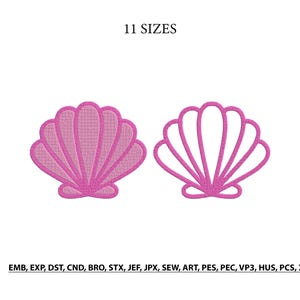 Peut inclure: Deux motifs de coquillages roses, un rempli et un en contour. Le texte "11 SIZES" est au-dessus des motifs. En dessous, des abréviations de types de fichiers: EMB, EXP, DST, CND, BRO, STX, JEF, JPX, SEW, ART, PES, PEC, VP3, HUS, PCS, XXX.