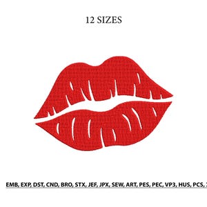 May include: A red machine embroidery design of lips with a horizontal line separating the top and bottom. The text 12 SIZES appears above the lips, and the text EMB, EXP, DST, CND, BRO, STX, JEF, JPX, SEW, ART, PES, PEC, VP3, HUS, PCS, XXX appears below.