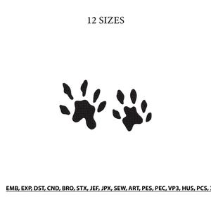 May include: A black embroidery design featuring two animal paw prints. The text 12 SIZES is centred at the top. The bottom includes the file formats EMB, EXP, DST, CND, BRO, STX, JEF, JPX, SEW, ART, PES, PEC, VP3, HUS, PCS, and XXX.