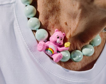 Choker Necklace with Colored Maxy Beads, Necklace with Vintage style Closure and Plastic  Care Bears Charms