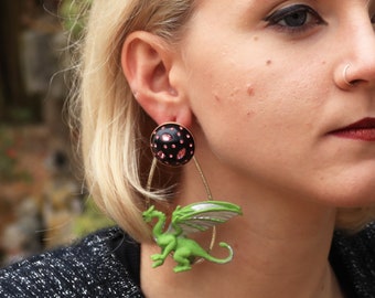 Earrings with Plastic Dragon Charm, Sterling Silver and Brass Earring with Plastic Dragon Charm, Resin Cabochon Earring with Dragon