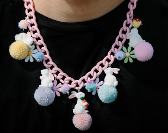 Baby Pink Chain Necklace with Rabbit,Flowers and PonPon, Necklace with Mixed Multicolored Flowers and Bunny Charms