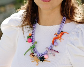 Colored Chain Necklace with Beads and Dinosaurs, Necklace with Mixed Multicolored Beads and  Dinosaurs Charms,