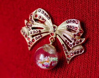 Ribbon Brooch, Star Glass Ball Brooch, Cristmas Pin, Vintage Ribbon Pin