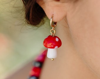 Mini Hoop Earring, Mushrooms Hoop, Hoop Earring, Pink Hoop Earring, Red Hoop Earring