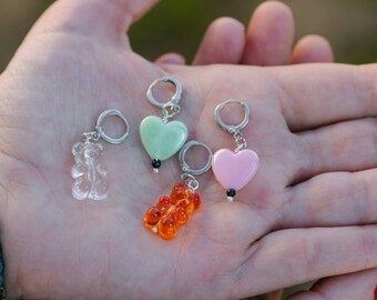 Mini Hoop Earring, Teddy Bears Hoop, Hearts Hoop Earring, Teddy Bear and Heart Hoop Earring