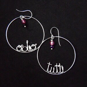 May include: A pair of silver hoop earrings with the words "solo" and "tutte" written in wire. Each earring has a dangling purple and pink bead.