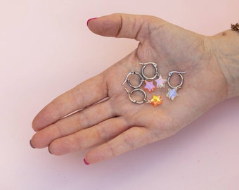 Mini Hoop Earring, Stars Hoop, Stars Hoop Earring