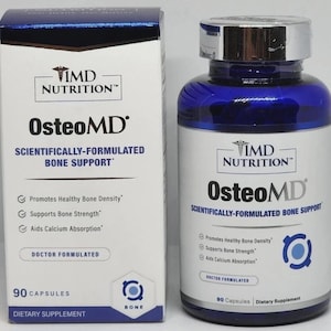 May include: A white box and a blue bottle of OsteoMD dietary supplement. The box and bottle both feature the "TIMD Nutrition" logo and the product name. The box and bottle state the supplement promotes healthy bone density, supports bone strength, and aids calcium absorption. Each container holds 90 capsules.