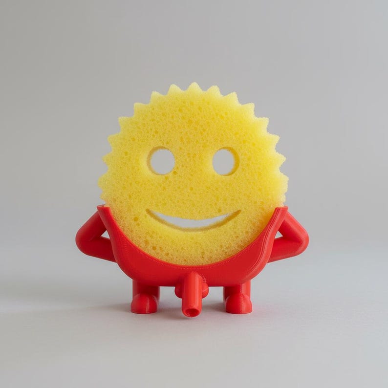 May include: A yellow, circular sponge with a smiling face design, held by a red plastic holder. The holder has a playful design with arms and legs. The sponge is approximately 4 inches in diameter.