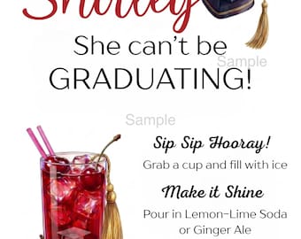 Mesa con letrero de recetas de graduación de Shirley Temple Bar