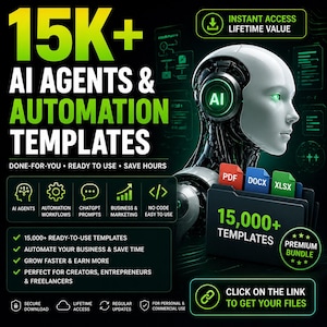Op de afbeelding: Een digitale afbeelding die AI-agenten en automatiseringssjablonen promoot. De afbeelding toont een futuristisch robothoofd, bestandsmappen en de tekst "15K+ AI Agents & Automation Templates". De afbeelding bevat ook de tekst "Click on the link to get your files."