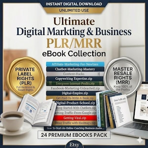 May include: An advertisement for an ebook collection. The image shows a stack of ebooks, a laptop, a coffee cup, and seals that read "Private Label Rights (PLR)" and "Master Resale Rights (MRR)." The text reads "Ultimate Digital Marketing & Business PLR/MRR eBook Collection."
