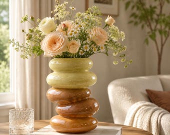 Stacked Glass Vase, Mid Century Modern Minimalist Decor, Boho Centerpiece, Entryway Home Gift
