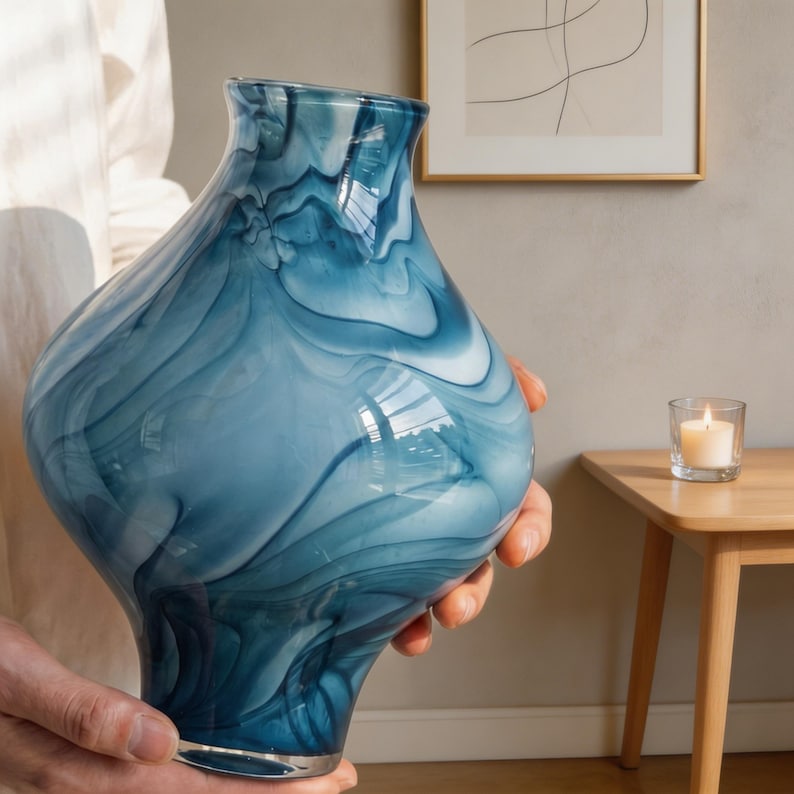 May include: A blue and white swirled glass vase. The vase has a bulbous shape with a wide base and a narrower neck. The blue color is a mix of light and dark shades, creating a marbled effect. The vase is held by a person.