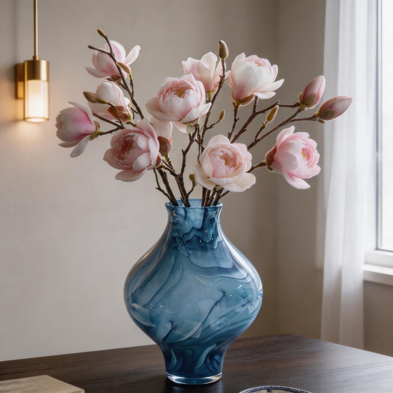 May include: A blue glass vase with a swirling pattern holds a bouquet of pink flowers. The vase has a rounded shape and a narrow neck. The flowers are in full bloom, with delicate pink petals and brown stems. The arrangement is on a dark wooden table.