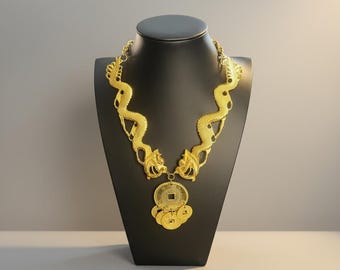 Rara collana vintage Kenneth Jay Lane KJL con doppio drago, anni '70, placcata in oro 22 carati, con moneta cinese, firmata, pezzo narrativo.