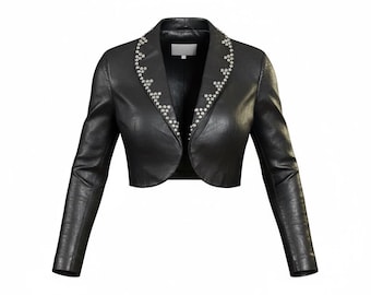Vintage Cache Leather Jacket Y2K Black Cropped Studded Rhinestone Blazer Open Front Statement Jacket Size Medium