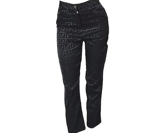 Pantalones vintage Lagr de los 90 de Fendi Zucca Monogram, color negro jacquard, talle alto, pierna recta, hechos en Italia, talla M