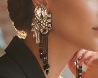 Pendientes vintage de cristal firmados – Colgante con flecos de cuentas negras – Inspirados en el art déco – Años 80/90 – Clip extragrande – Estilo pasarela
