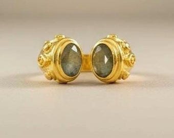 NIIKI Paris|Labradorite Statement Ring, 18k Gold Plated Open, Double Stone, Sculptural Gold Ring, Luxury Statement Jewelry