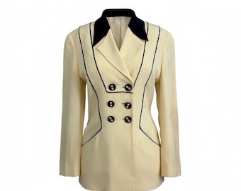 FENDI Vintage 90s Sculpted Blazer | Double Breasted Cream & Black Piping Jacket | Tailored Designer Piece | Size 8
