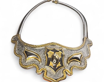 Vintage Alexis Kirk Egyptian Revival Bib Necklace | Sculptural Gold & Silver Tone Collar | 1980s 1990s Statement Designer Piece