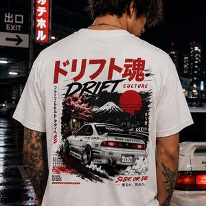 Koszulka z grafiką „Japońska kultura driftu” JDM Street Racing, koszulka z nadrukiem retro anime car drift