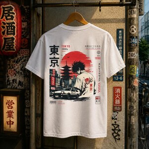 Retro-Anime-T-Shirt mit Fuji-Hokusai-Welle und roter Sonne, Vintage-Print aus Tokio, japanisches Kultur-T-Shirt mit Grafik, JDM-Street-Racing-Shirt