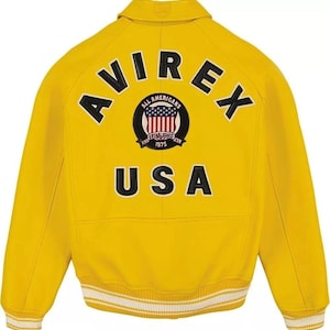 Men's Handmade Avirex Yellow Authentic Cowhide Leather American Flight Bomber Jacket