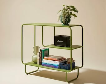 Modern Olive Green Iron Art Bookcase | Asymmetrical Nordic Bookshelf & Side Cabinet