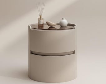 Modern Round PU Leather Bedside Table | Luxury Sintered Stone Nightstand