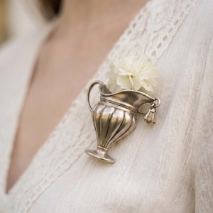Vintage Bud Vase Brooch: Silver Tone Flower Lapel Pin, Boho