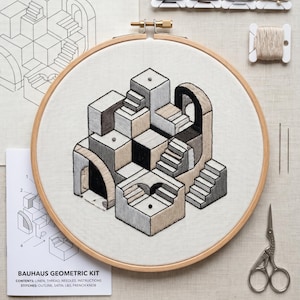 Bauhaus Geometric Embroidery Kit - Isometric Architecture DIY Craft - Relaxing Hobby Gift for Creative Minds