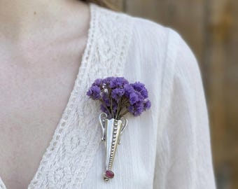 Vintage Bud Vase Brooch: Silver Tone Flower Lapel Pin, Boho Wedding Accessory