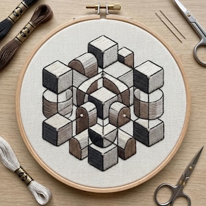 Geometric Embroidery Kit – Modern 3D Isometric Design, Mindful Stitching Craft