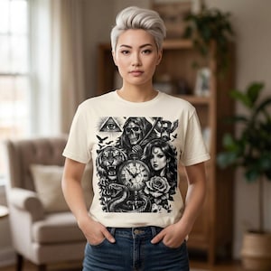 Skull Reaper Clock Tattoo Art T-shirt | Tiger, Snake, Rose Illustration