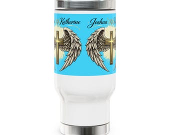 Gold Cross with Angel Wings 14oz Travel Mug | Faith-Inspired Stainless Steel