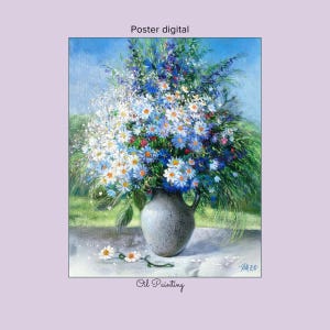 Può includere: Un poster digitale di un dipinto a olio raffigurante un bouquet di margherite bianche e blu in un vaso di ceramica grigia. I fiori sono disposti su uno sfondo di cielo azzurro e paesaggio verde. Appare il testo Poster digital e Oil Painting.