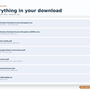 Może przedstawiać: Cyfrowa lista plik&oacute;w zatytułowana Everything in your download, zawierająca siedem plik&oacute;w w jednym folderze ZIP. Lista obejmuje Plumber-Estimate-Invoice-Template.xlsx, przykładowy plik, User-Guide.pdf, Google-Sheets-Instructions.pdf, Licence.pdf, Setup-Tutorial.mp4 oraz START-HERE.txt.