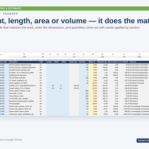 Pode incluir: Um modelo de planilha digital para estimativa de constru&ccedil;&atilde;o intitulado System 1 Bid & Estimate. A interface apresenta colunas para &aacute;rea, c&oacute;digo do item, descri&ccedil;&atilde;o, unidade, comprimento, largura, quantidade, porcentagem de desperd&iacute;cio e custo.