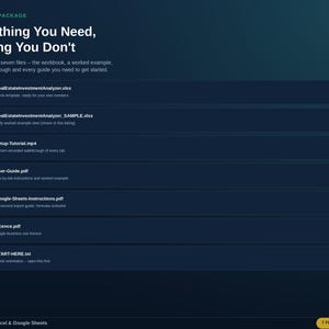 以下が含まれることがあります： Everything You Need, Nothing You Don'tというテキストが表示されたデジタル製品パッケージのリスト。RealEstateInvestmentAnalyzer.xlsx、RealEstateInvestmentAnalyzer_SAMPLE.xlsx、Setup-Tutorial.mp4、User-Guide.pdf、Google-Sheets-Instructions.pdf、Licence.pdf、START-HERE.txtの7つのファイルが含まれています。