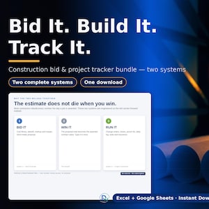 Pu&ograve; includere: Un pacchetto digitale per gare d'appalto e monitoraggio di progetti edili con il testo Bid It. Build It. Track It. L'interfaccia mostra tre colonne etichettate Bid It, Win It e Run It, con il sottotitolo The estimate does not die when you win.