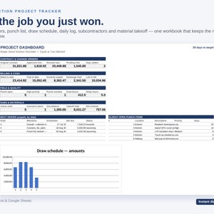 May include: A digital construction project tracker workbook for Microsoft Excel and Google Sheets. The dashboard displays contract and change orders, billing, field quality, and material data with a bar chart showing draw schedule amounts.