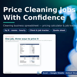 K&ouml;nnte beinhalten: Eine digitale Reinigungs-Gesch&auml;ftstabelle mit Preiskalkulator und Auftragsverfolgung. Die Benutzeroberfl&auml;che zeigt Text wie Price Cleaning Jobs With Confidence, Sq ft, rooms, hourly, Client & job tracker, Quote sheet und One job, three ways to price it.