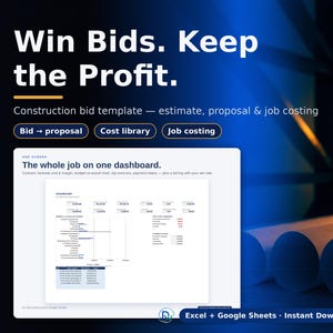 Pode incluir: Um modelo digital de proposta de constru&ccedil;&atilde;o com o texto Win Bids. Keep the Profit. O painel exibe uma interface de estimativa, proposta e c&aacute;lculo de custos com colunas para contrato, custo previsto, margem, or&ccedil;amento e status de pagamento.