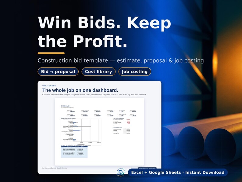 Pode incluir: Um modelo digital de proposta de constru&ccedil;&atilde;o com o texto Win Bids. Keep the Profit. O painel exibe uma interface de estimativa, proposta e c&aacute;lculo de custos com colunas para contrato, custo previsto, margem, or&ccedil;amento e status de pagamento.